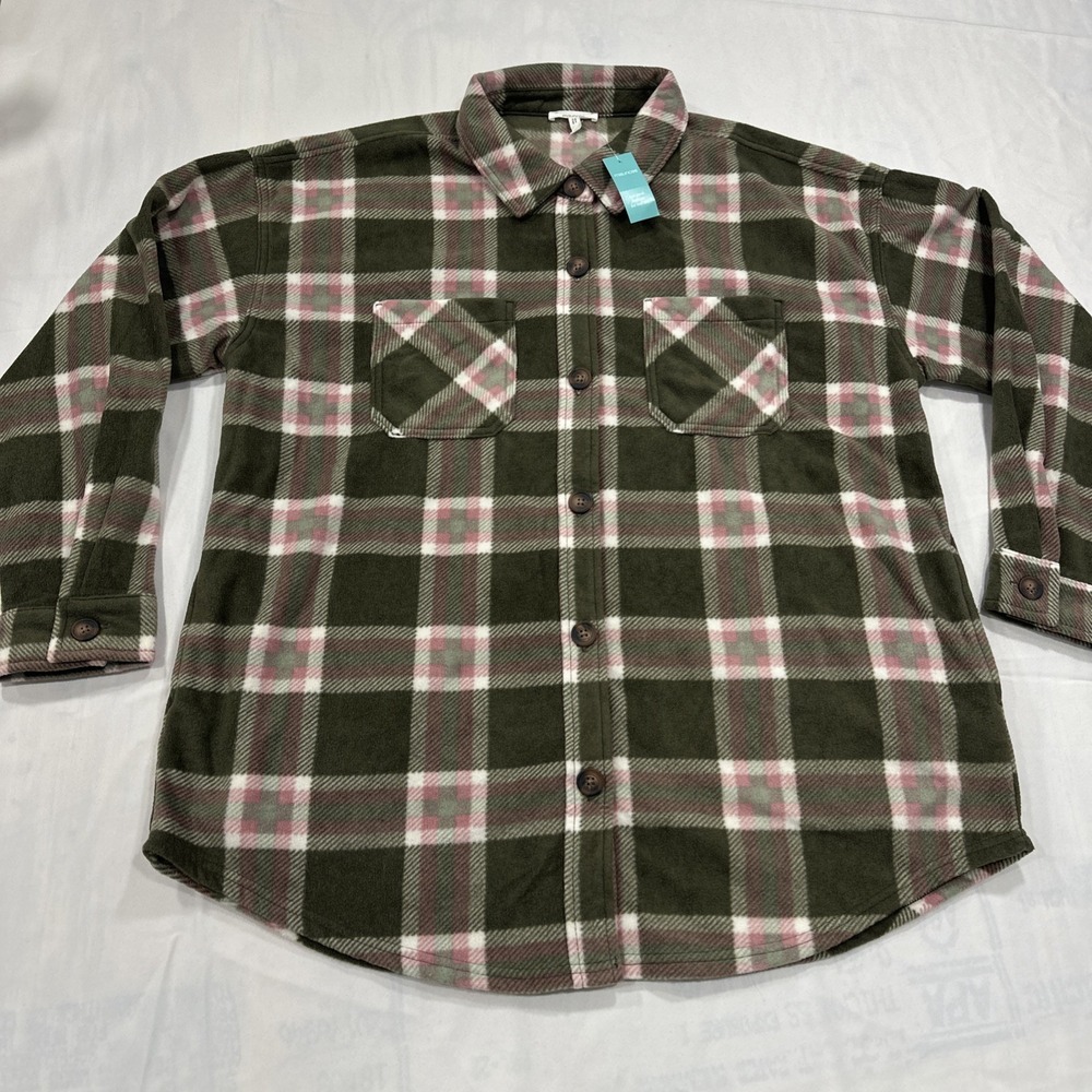 Maurices Cabin Flannel Plaid Shirt Shacket Pockets Green Pink Woman's XL NWT